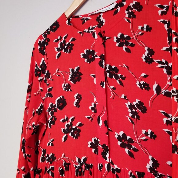 ZARA Angel Floral Tiered Midi Maxi Dress S Red Blogger Favorite Colorful Flowy - Picture 14 of 16